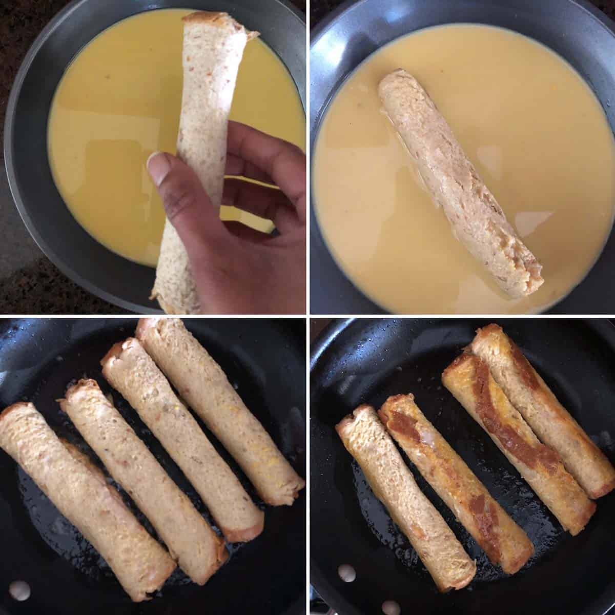 Dipping stuffed bread in custard and cooked till golden