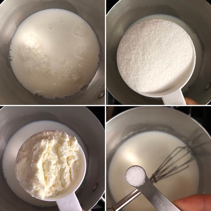 Side by side photos showing the ingredients - milk, sugar, milk powder and salt being added to saucepan