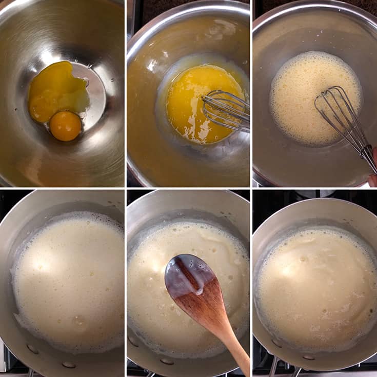 Side by side photos showing the whisking of egg yolks and tempering them with milk mixture. Custard cooked till it coats the back of a wooden spoon