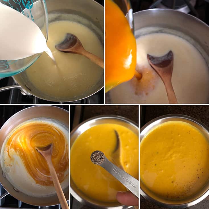 Side by side photos showing the addition of heavy cream, mango puree, ground cardamom to the cooked custard base