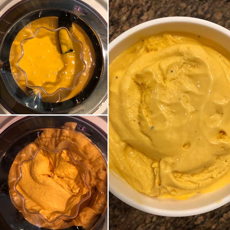 Side by side photos showing the churning of mango gelato