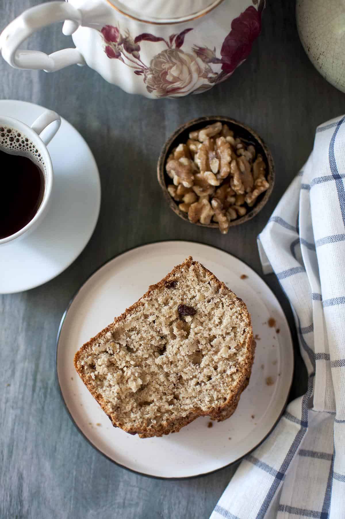 White plate with a stack of quick bread slices