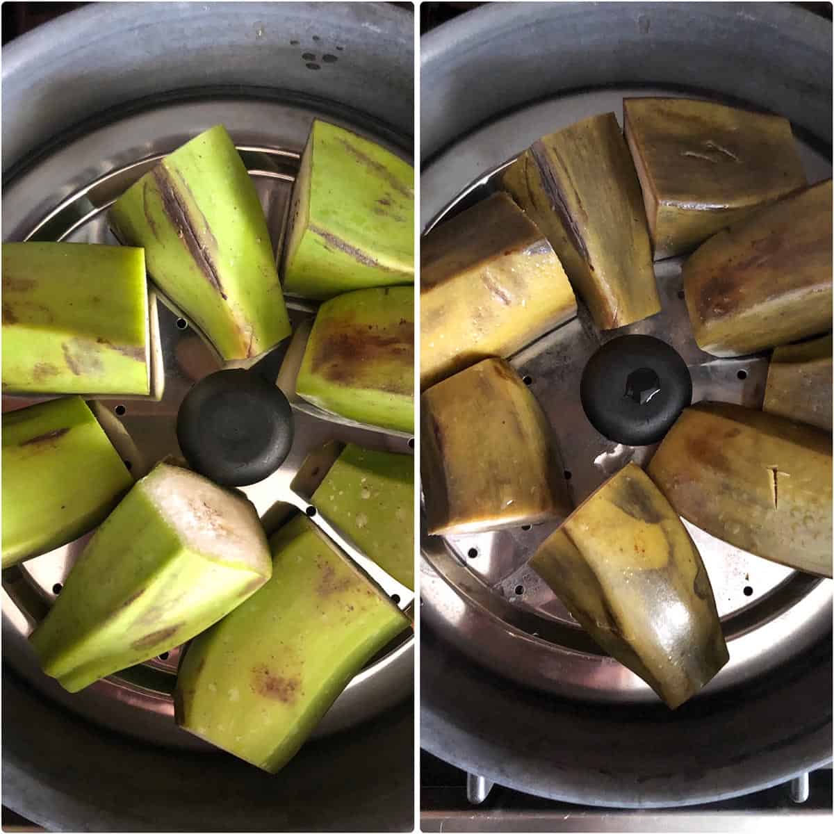 Side by side photos of plantain pieces before and after steamin