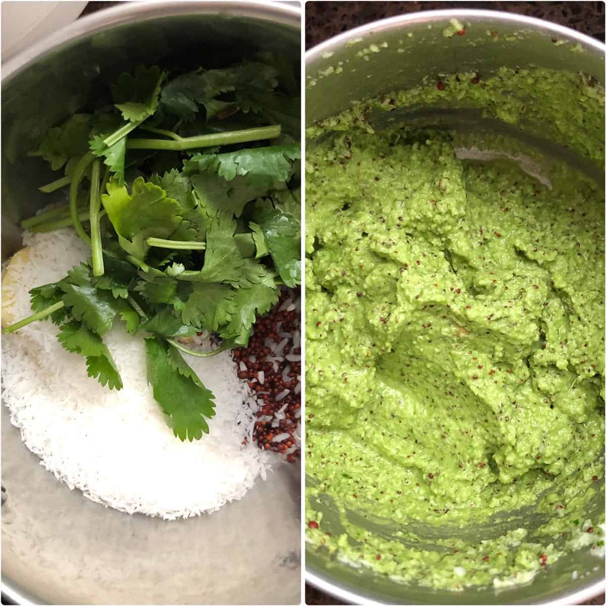 side by side photos of before and after grinding the spice paste ingredients