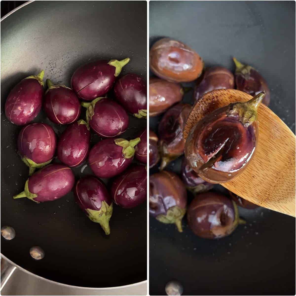 2 panel photo showing the sautéing of baby eggplant.