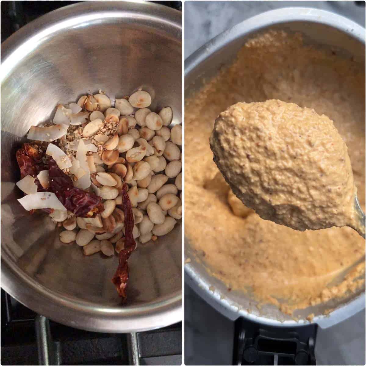 Step by step photos showing browned peanuts and sesame, poppy, coriander seeds and dry red chilies