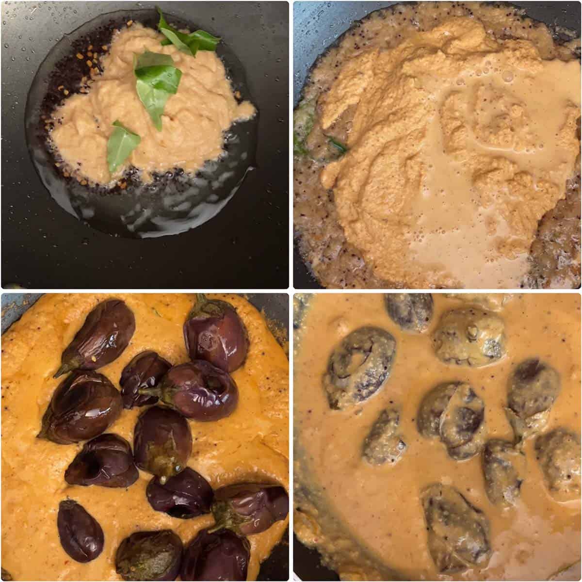 4 panel photo showing the making of brinjal curry.