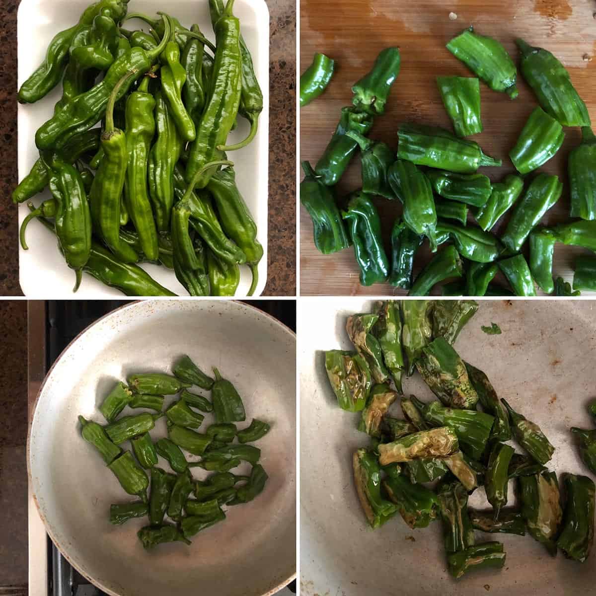 Photos showing the sautéing of shishito peppers