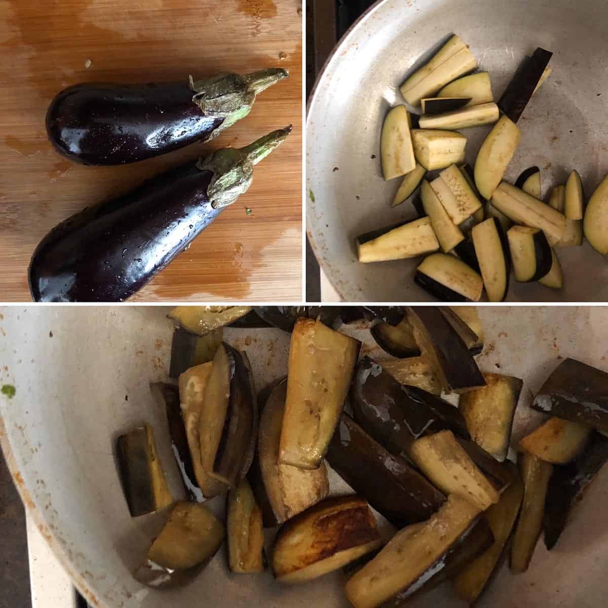 Photos showing sautéing of eggplant