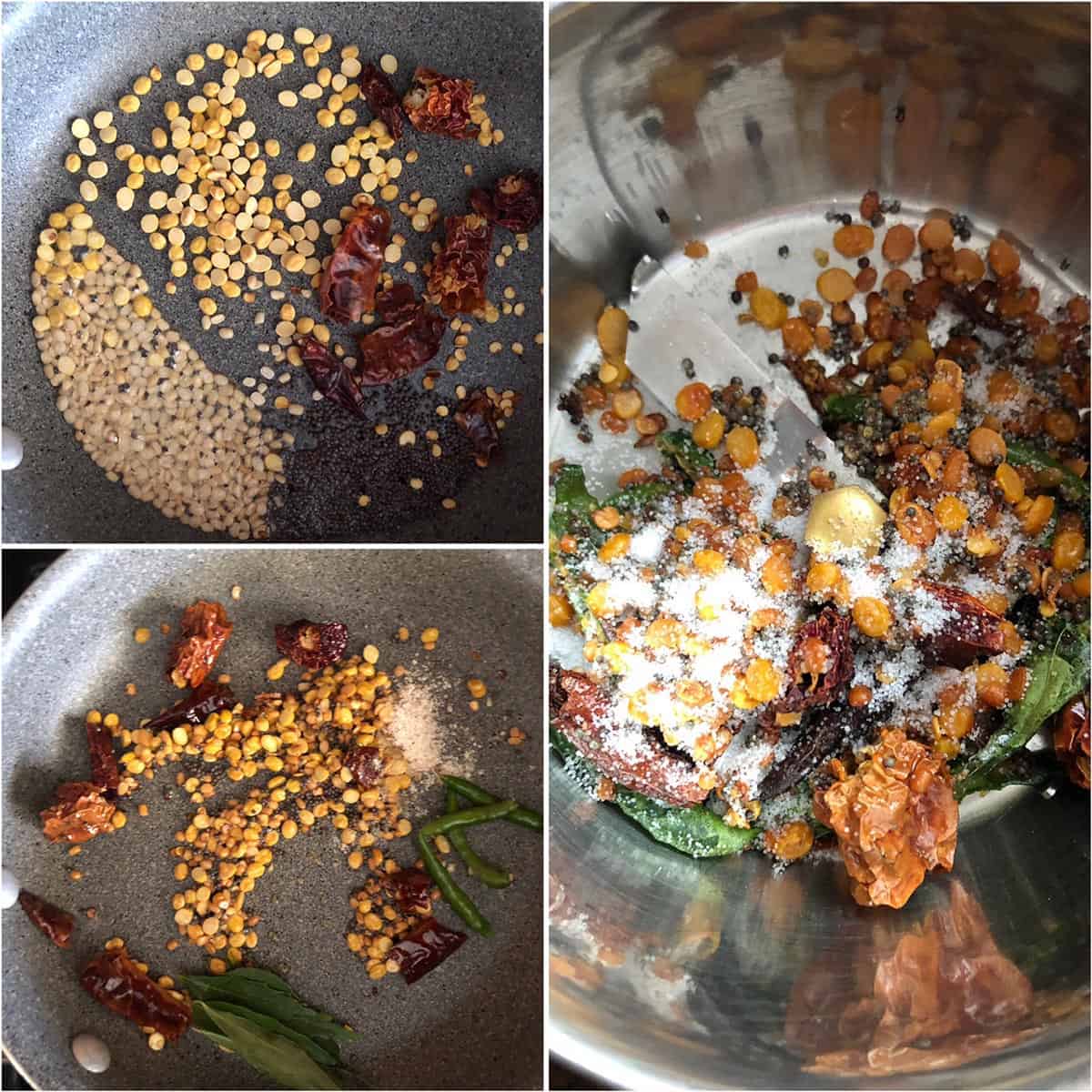 Step by step photos showing the sautéing of spices