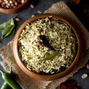 Top view of wooden bowl with gongura pulihora