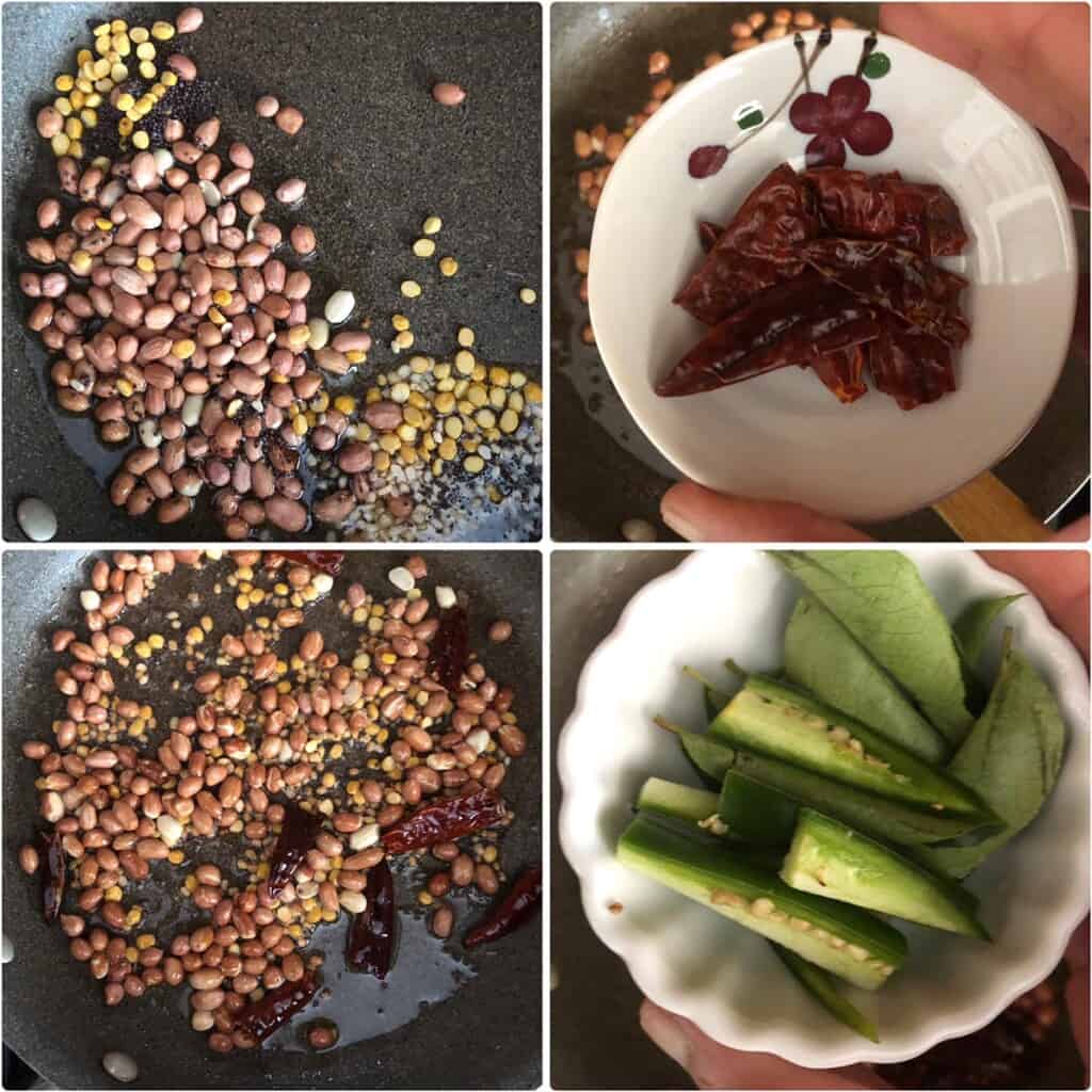 Step by step photos showing the sautéing of peanuts, lentils and curry leaves