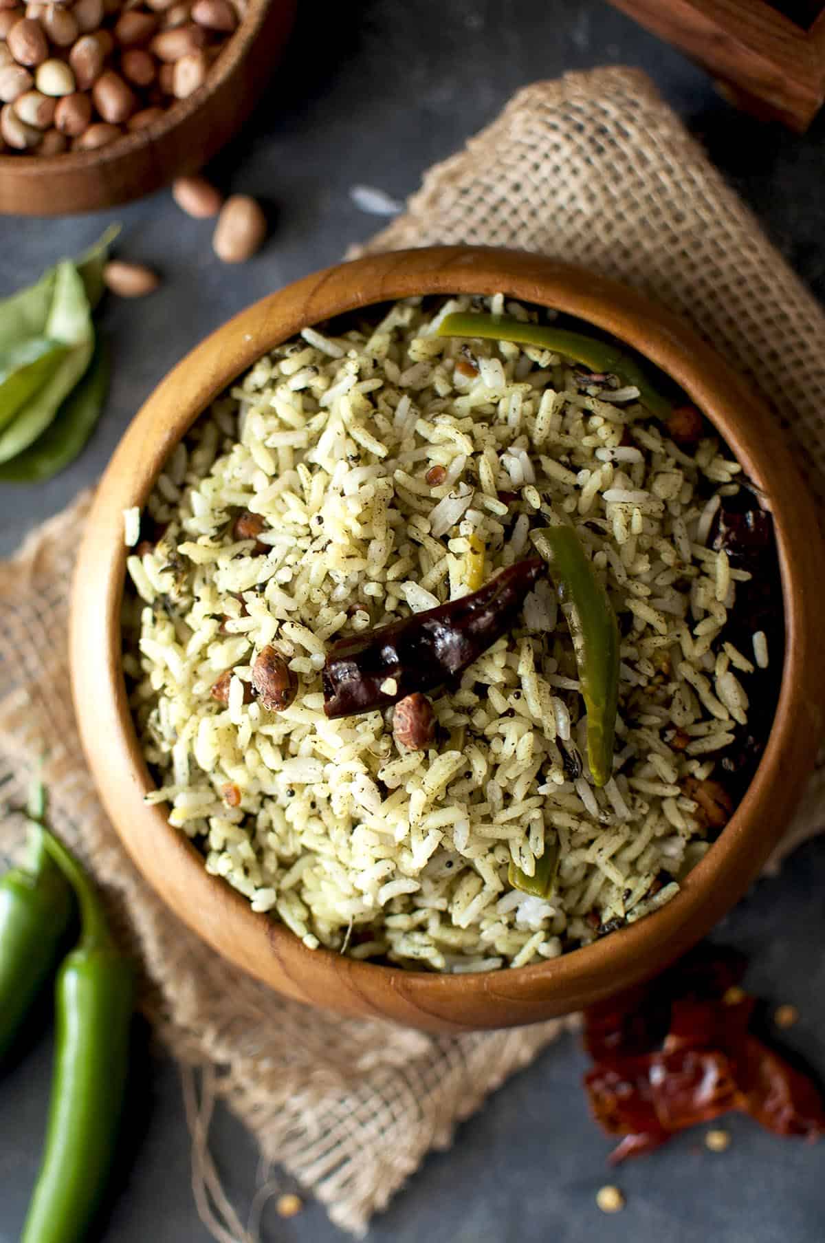 Top view of wooden bowl with gongura pulihora