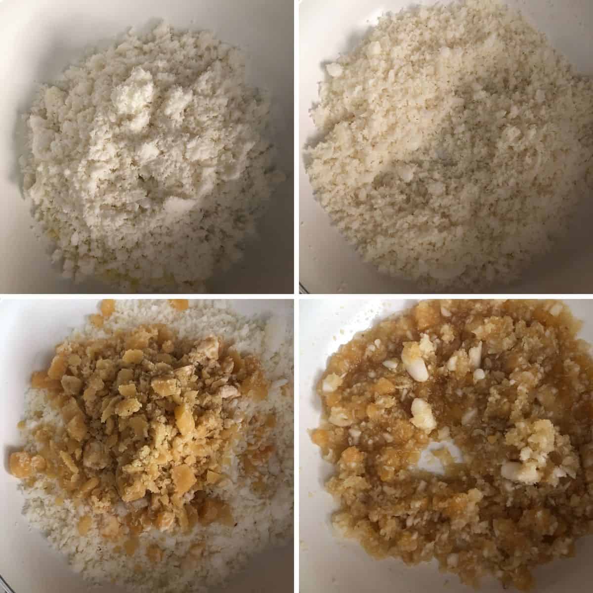 4 panel photo showing the sautéing of coconut and melting jaggery.