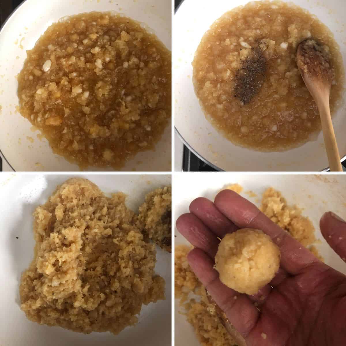 4 panel photo showing the cooking of ladoo.