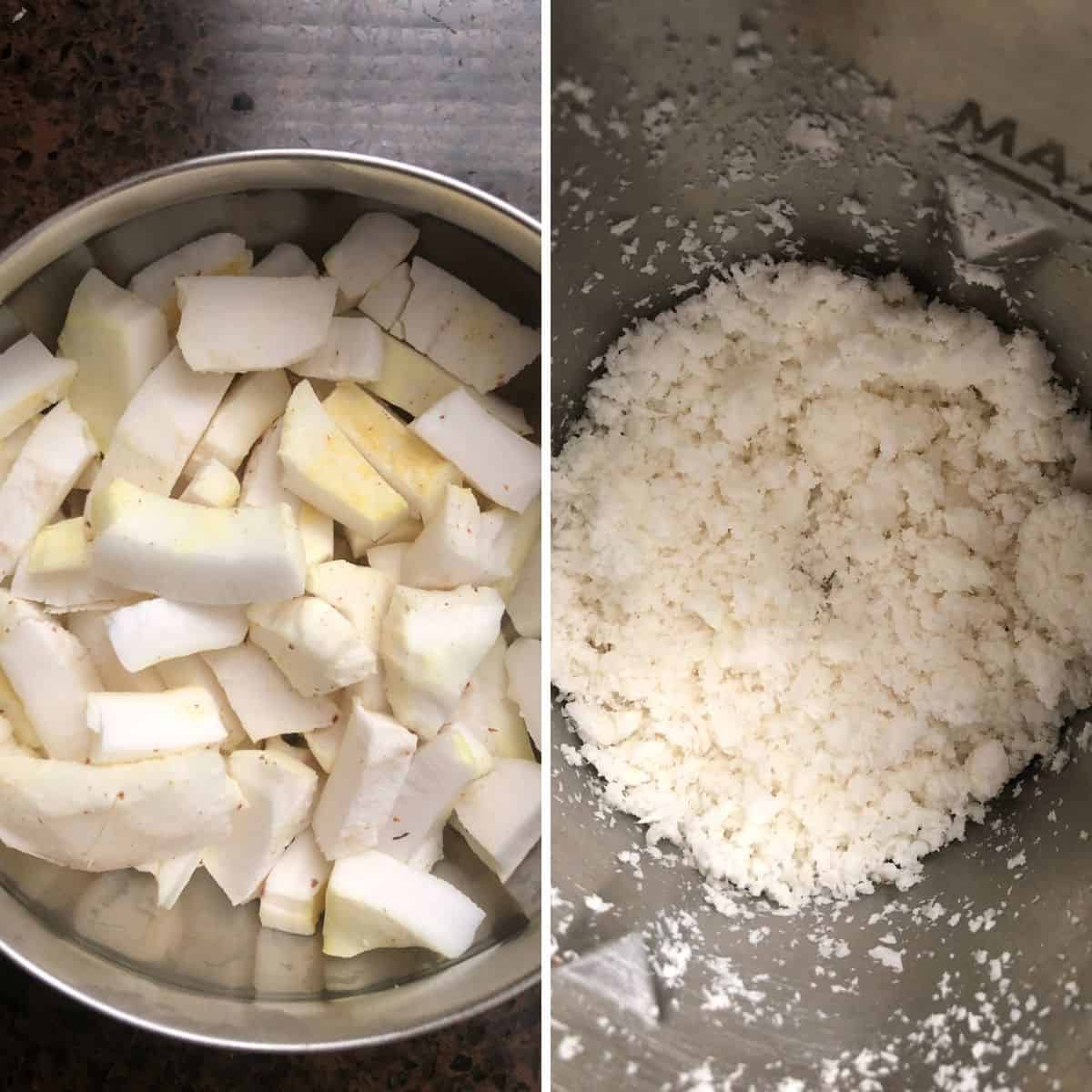2 panel photo showing chopped and ground coconut.