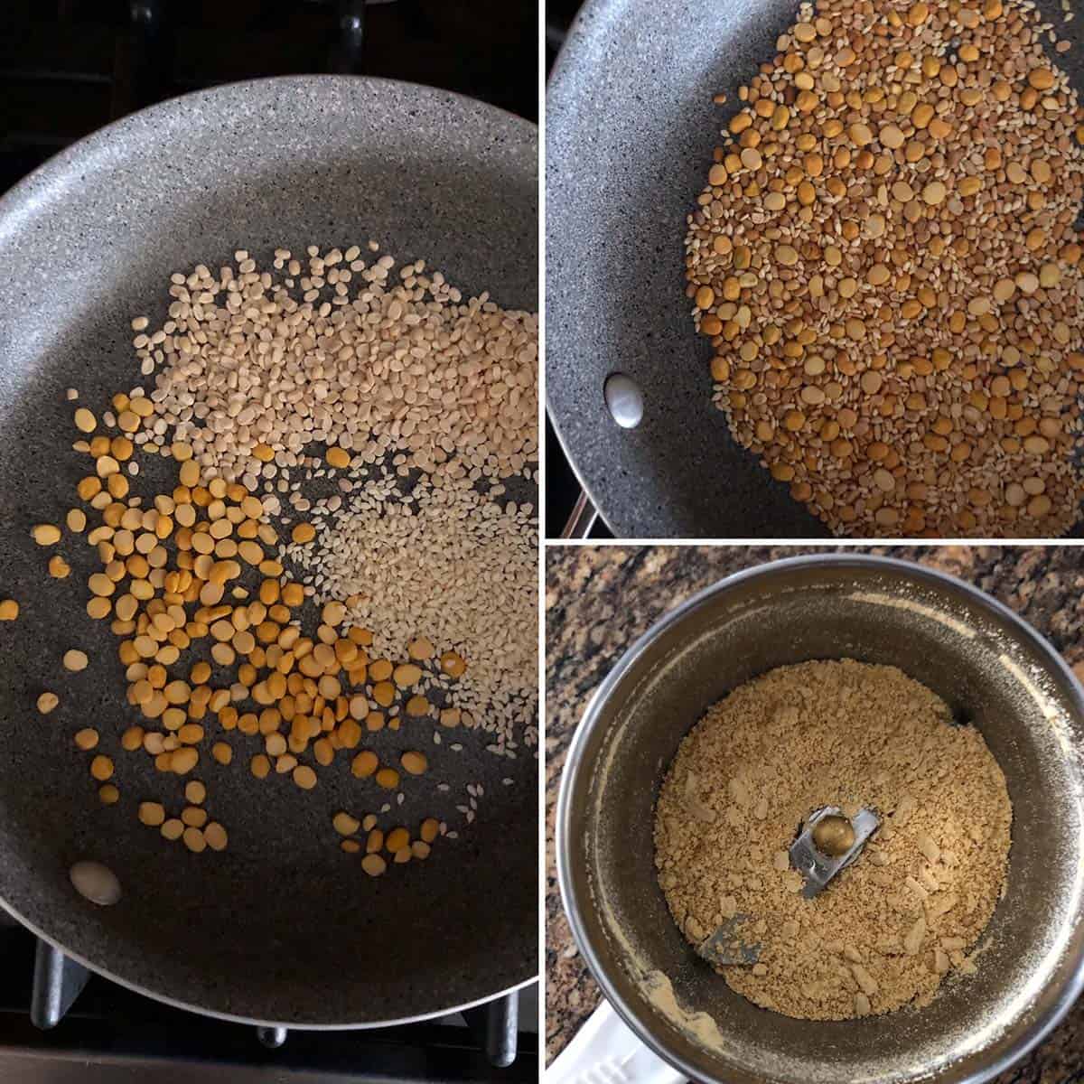 3 panel photo showing the sautéing of dals & sesame to make spice powder.