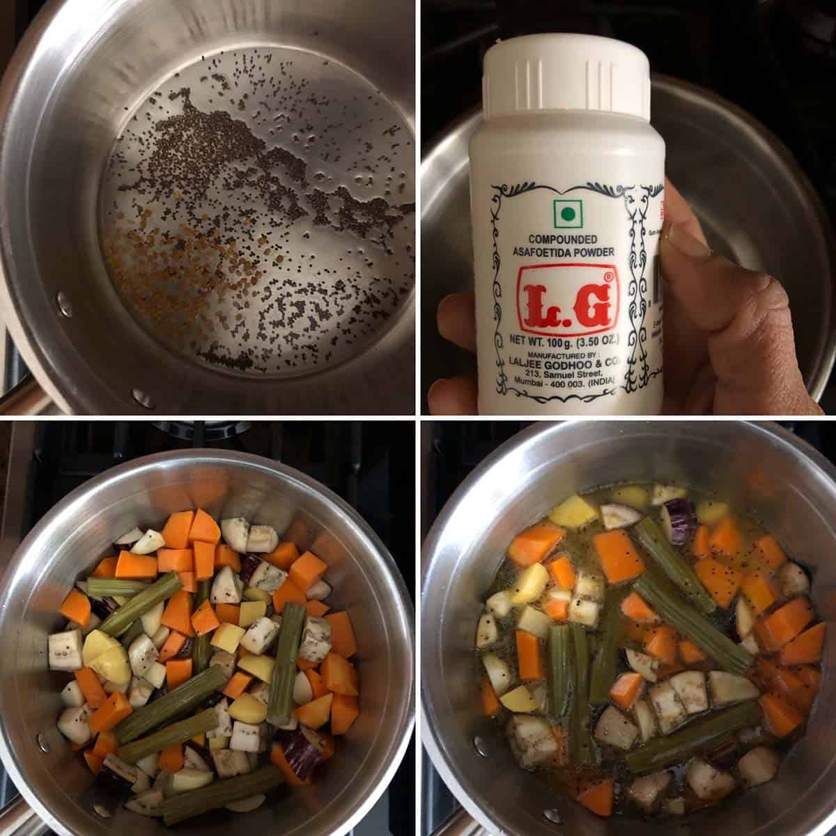 4 panel photo showing the cooking of vegetables in a steel pan.