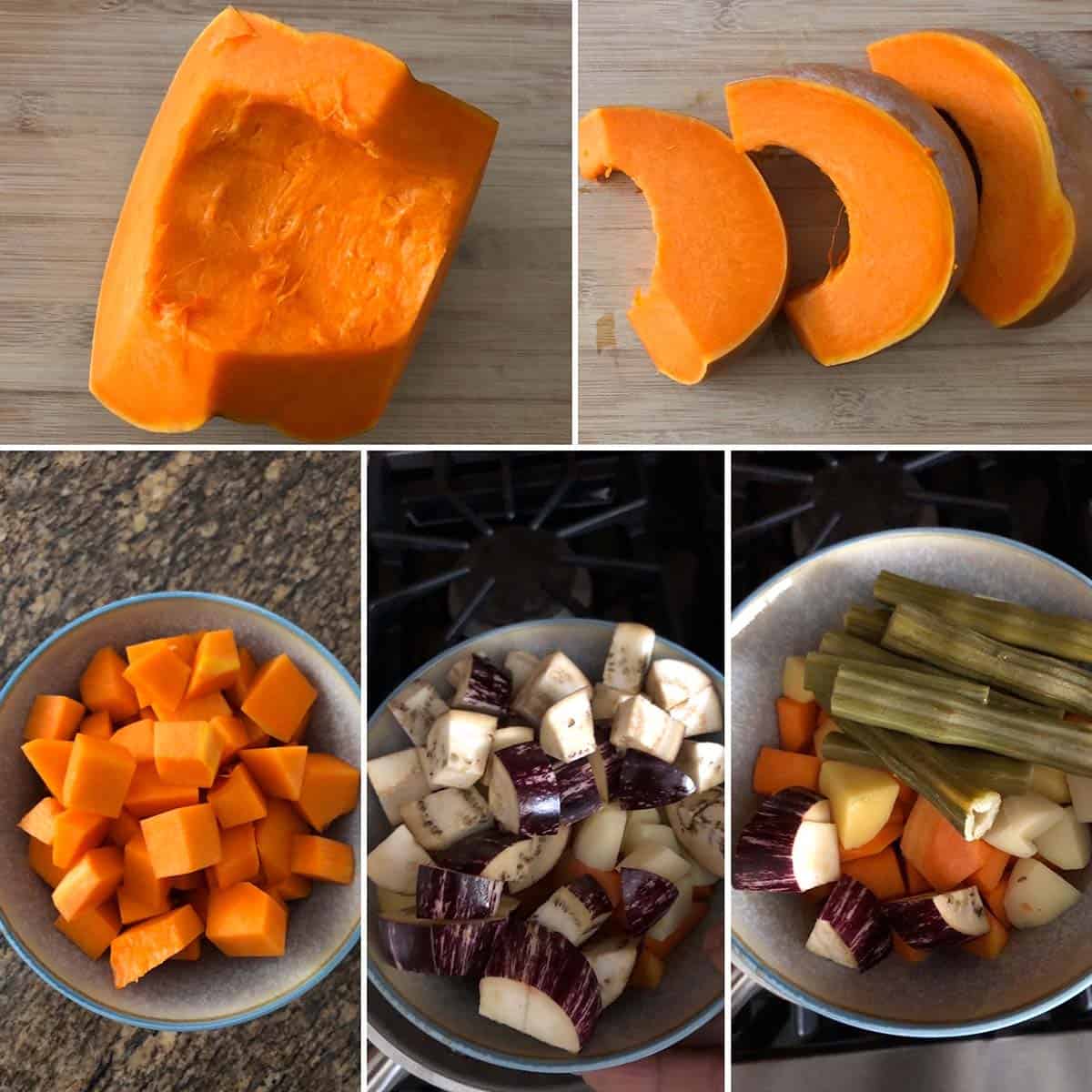 5 panel photo showing the prepping of veggies.