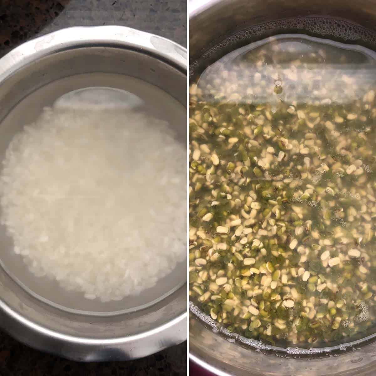 Side by side photos of rice and moong dal soaking in water