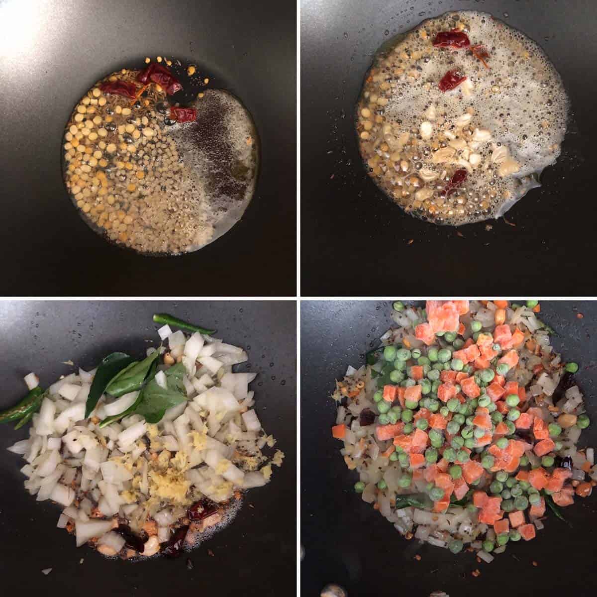 Side by side photos showing the making of upma - cooking dals, cashews, mustard & cumin seeds, onions, ginger, mixed vegetables