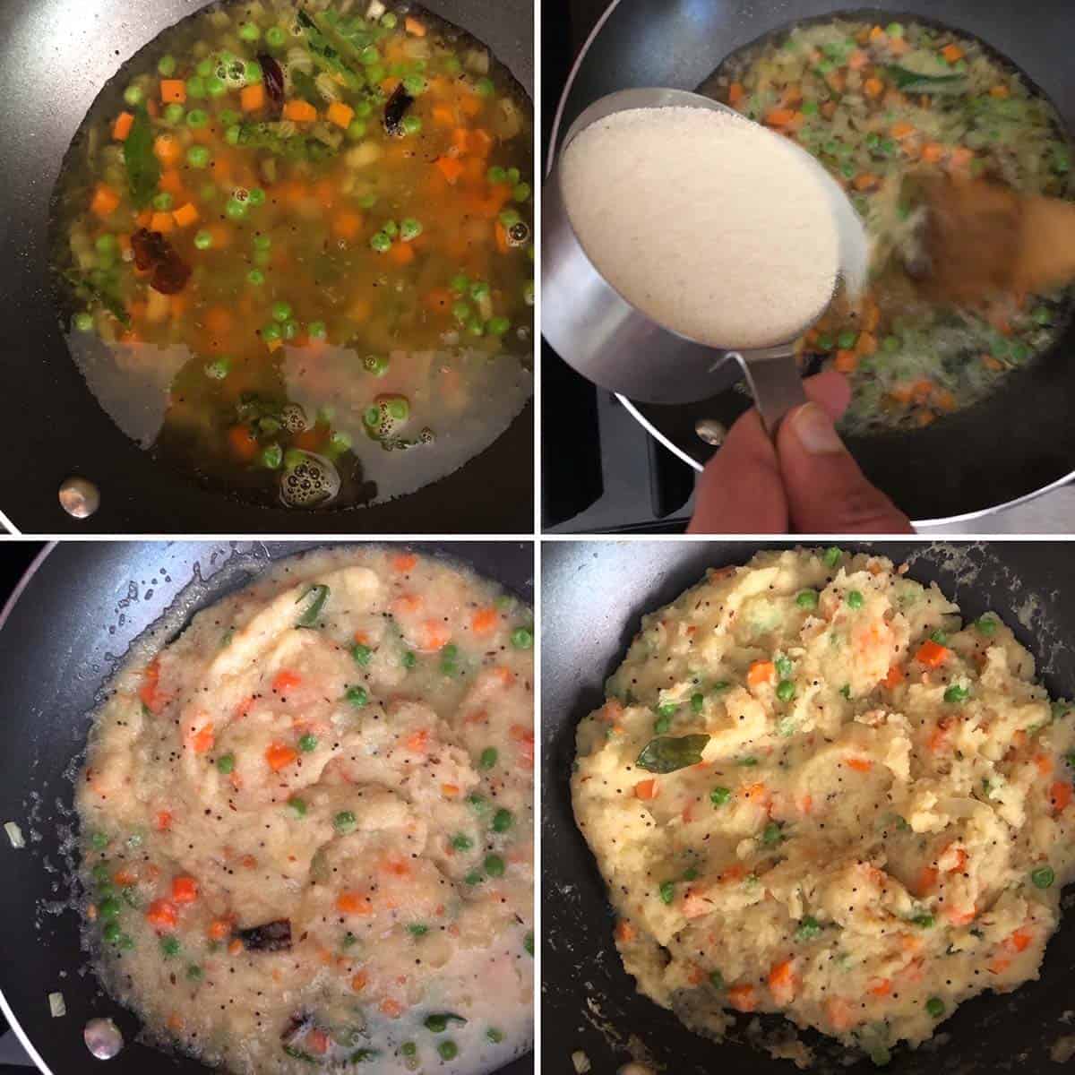 Side by side photos of making upma - boiling water, adding sooji and cooked till tender