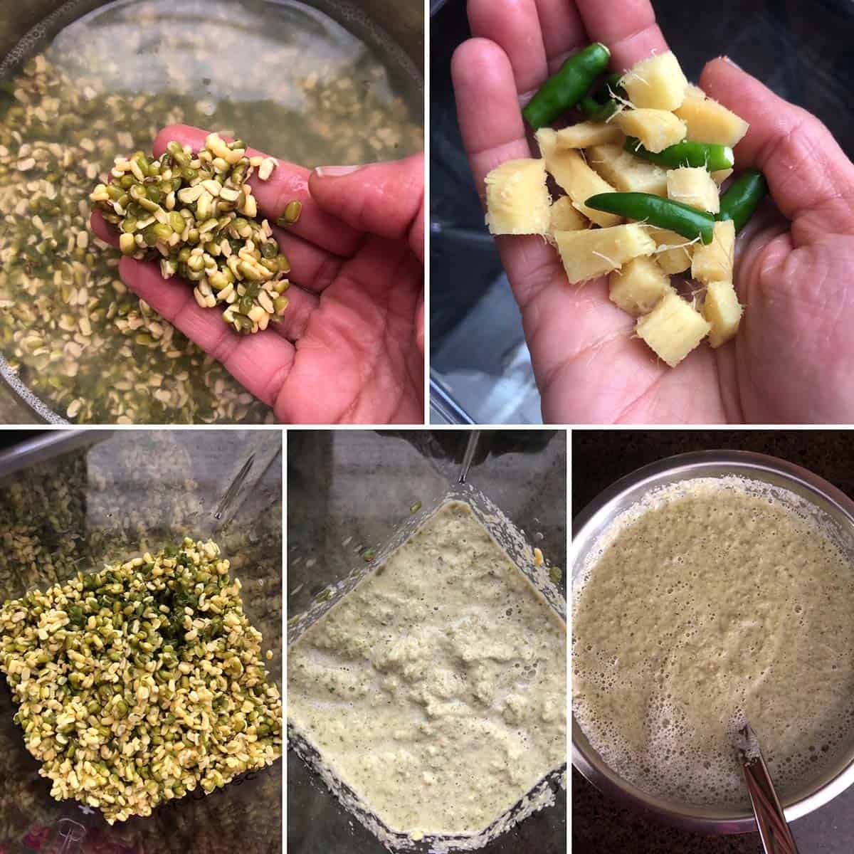 Side by side photos of soaked moong dal, rice, chopped ginger, green chilies being ground to a coarse batter