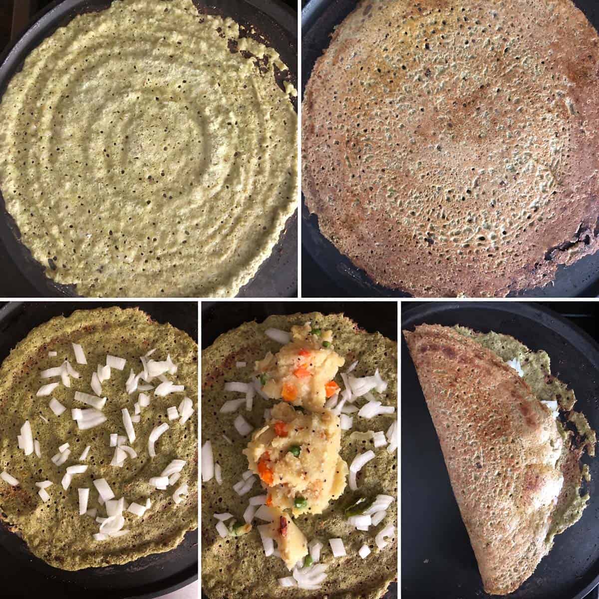 Side by side photos of making pesarattu upma - batter poured on hot griddle and cooked till golden, sprinkle onions, add upma, fold and serve