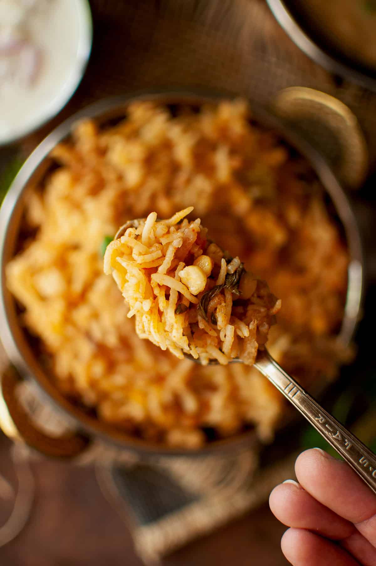 Spoon holding qabooli over a bowl of biryani.