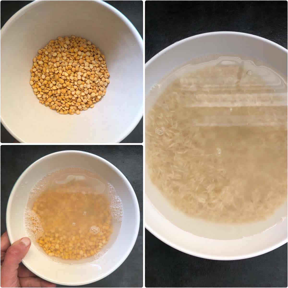 3 panel photo showing the soaking of chana dal and basmati.