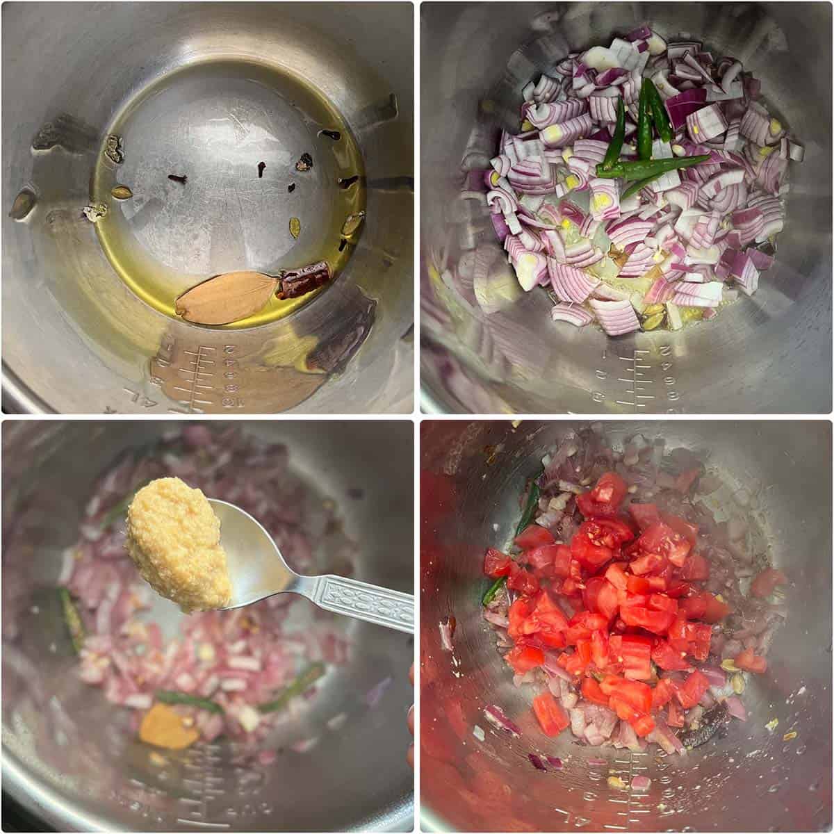 4 panel photo showing the sautéing of spices, onions and tomatoes.