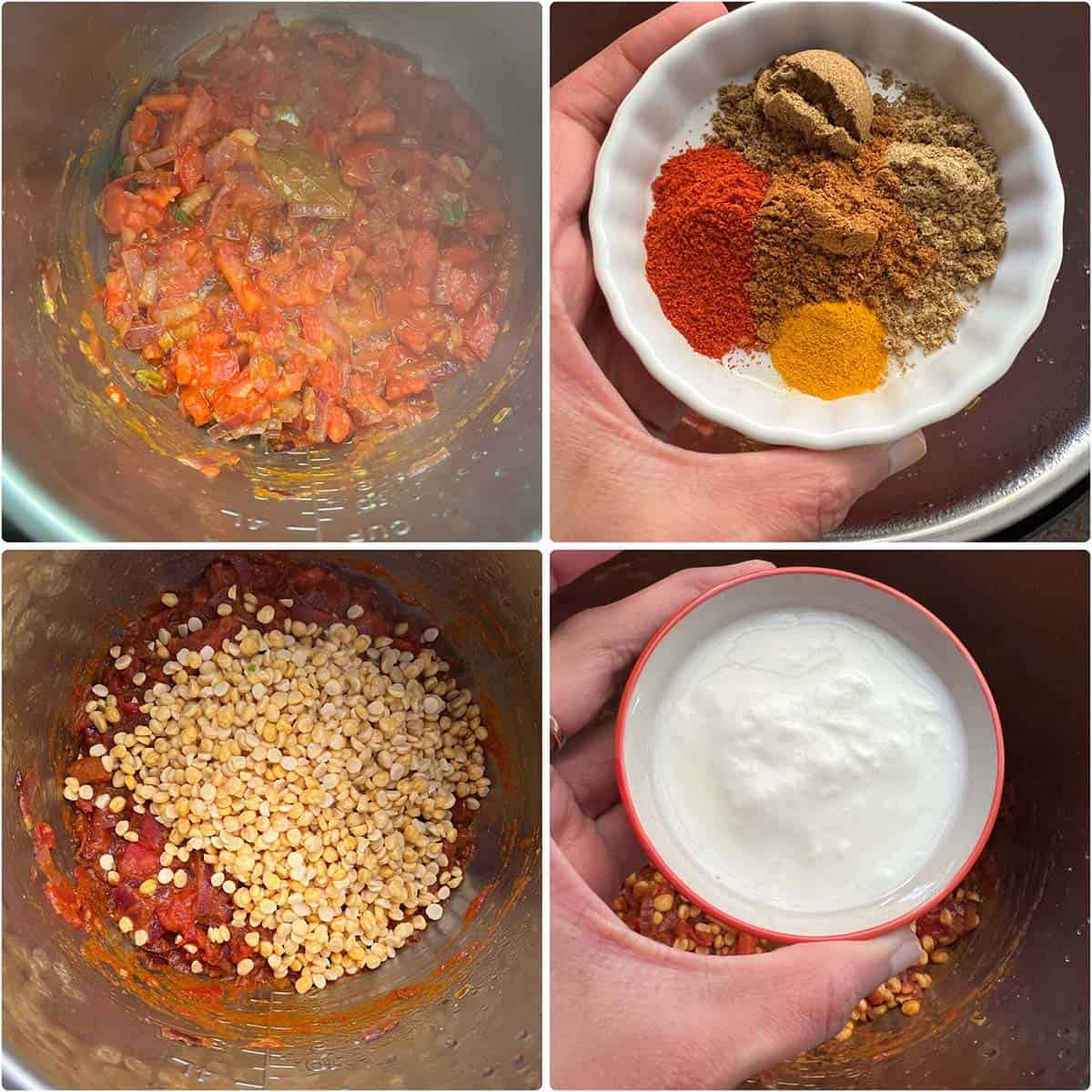 4 panel photo showing the addition of spices to the instant pot.