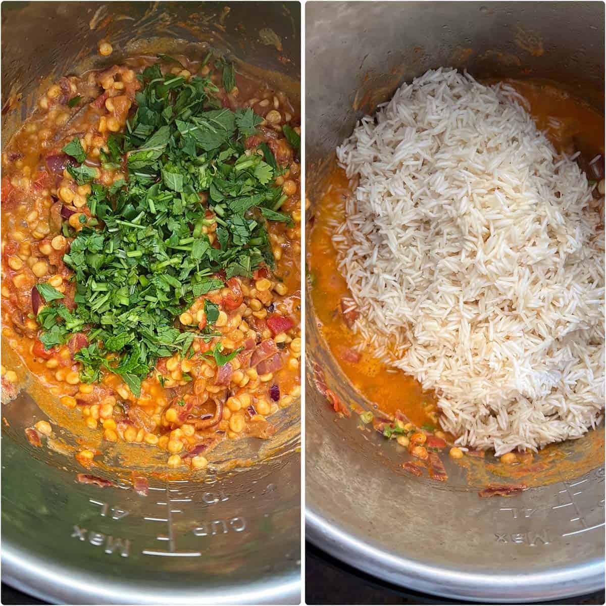 2 panel photo showing the addition of herbs and rice to instant pot.