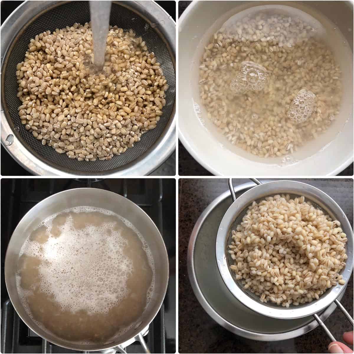 Step by step photos showing the rinsing and soaking of barley