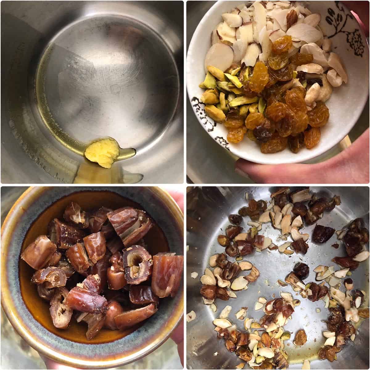 Melting ghee in Instant Pot, dry fruits and dates sautéed until golden