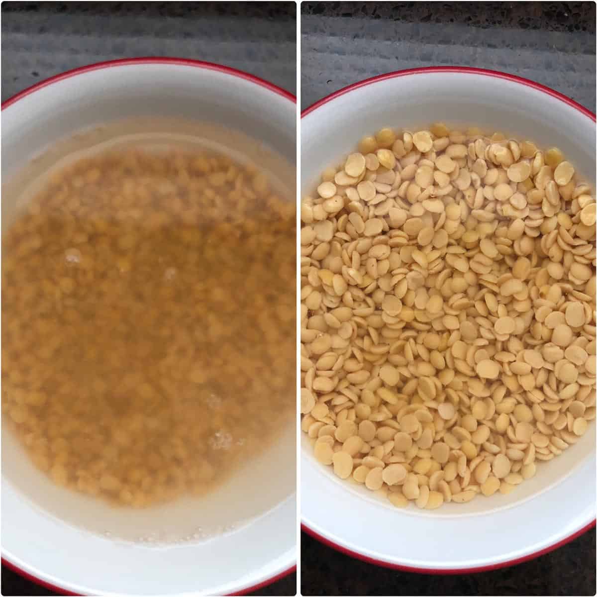 side by side photos of soaked lentils in white bowl