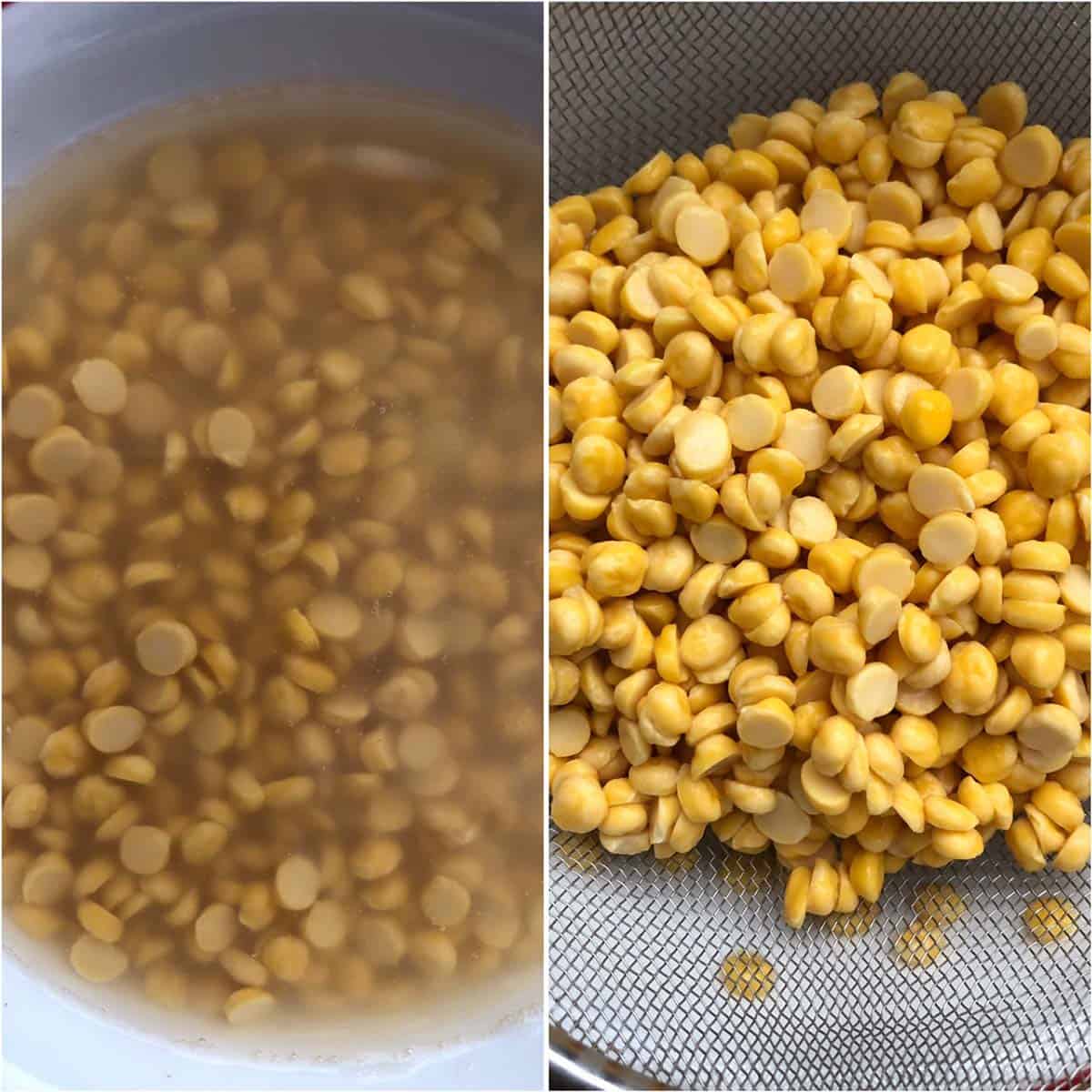 2 panel photo showing washed and rinsed chana dal.