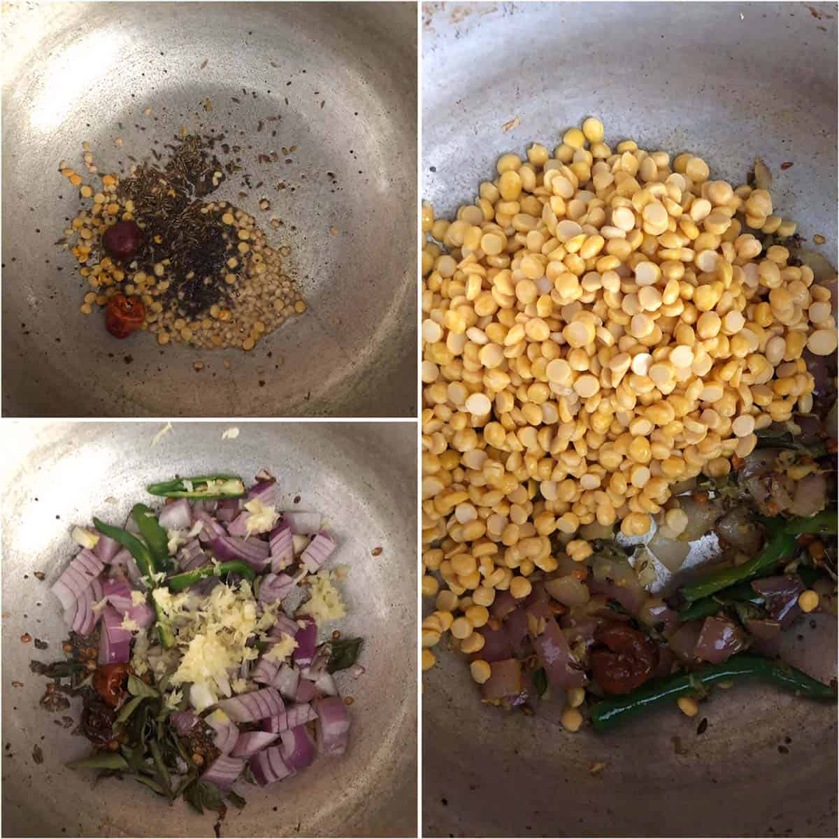 3 panel photo showing the cooking of onions and dal.