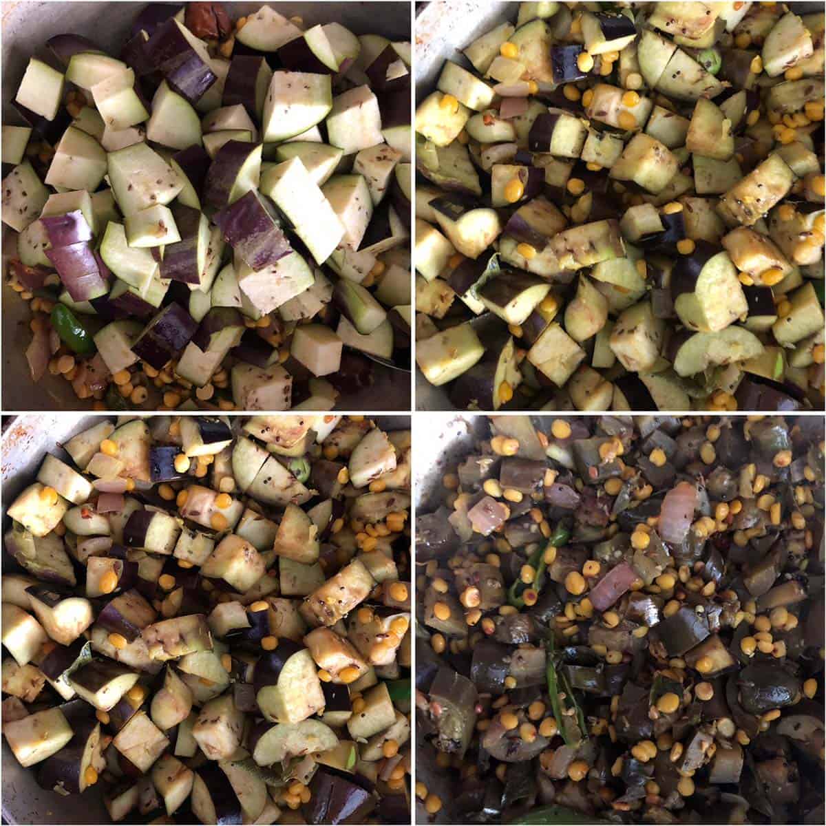 4 panel photo showing the cooking of eggplant.