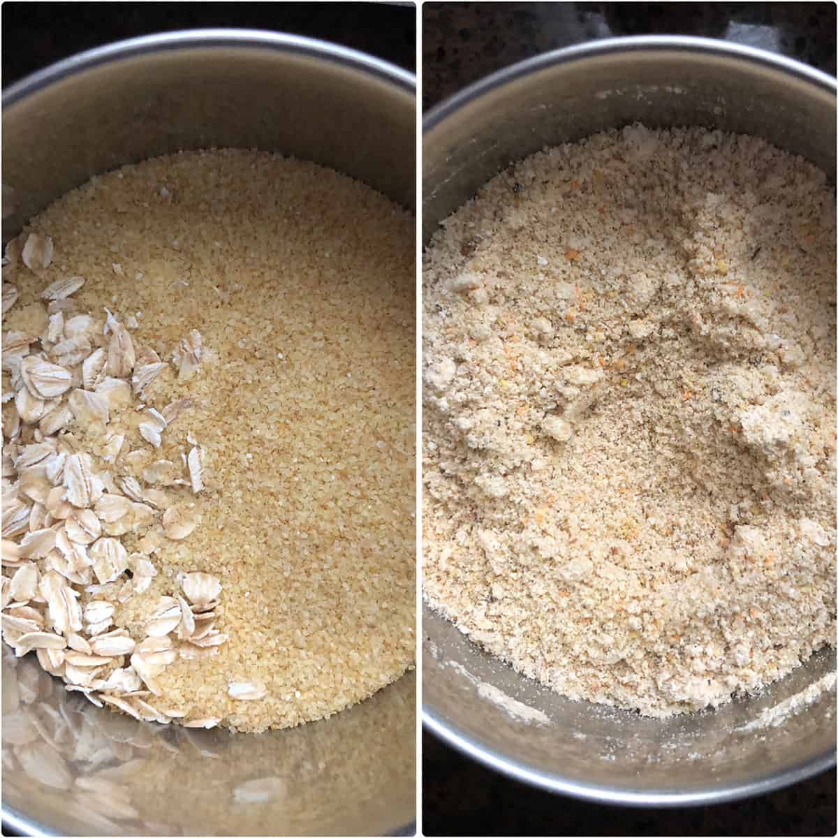 Side by side photos of before and after grinding the oats, cracked wheat and spices