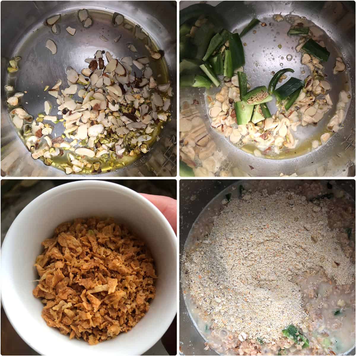 Step by step photos showing the additions of nuts, chilies, fried onions to the Instant Pot