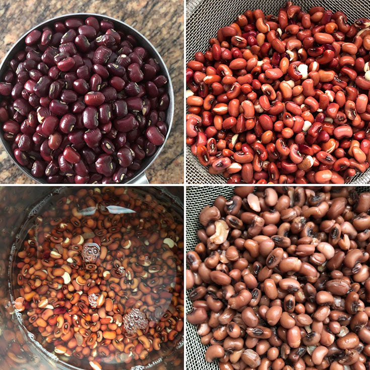 Step by step photos showing dried, soaked, drained and cooked red beans