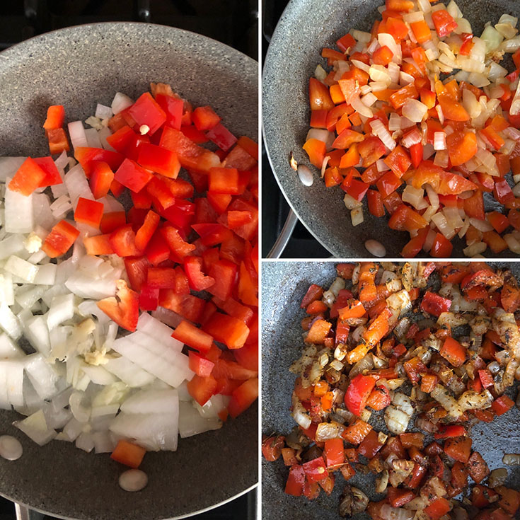 Step by step photos showing cooking of onions and red peppers with spices