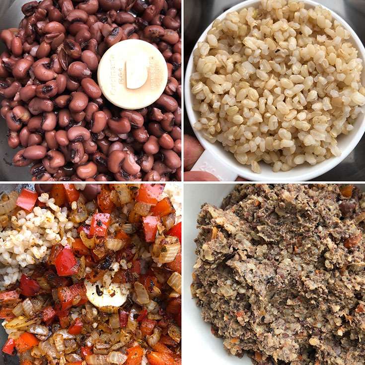 Step by step photos showing processing the beans, rice with cooked veggies and spices