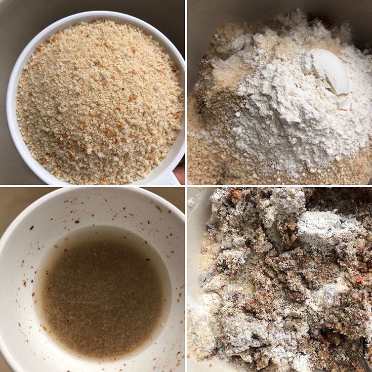 Step by step photos showing breadcrumbs, flour and flaxseed mixture being added to burger mixture