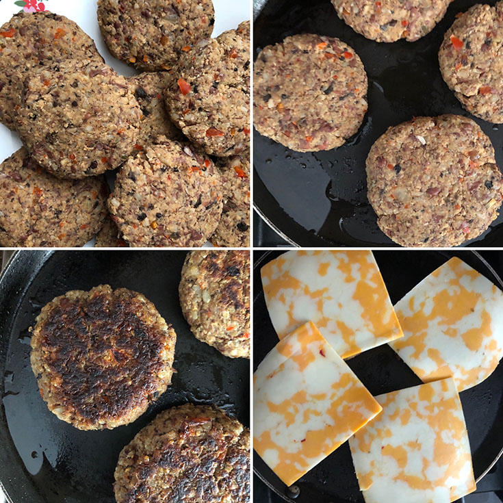 Photos showing the cooking of adzuki bean burgers with cheese slices