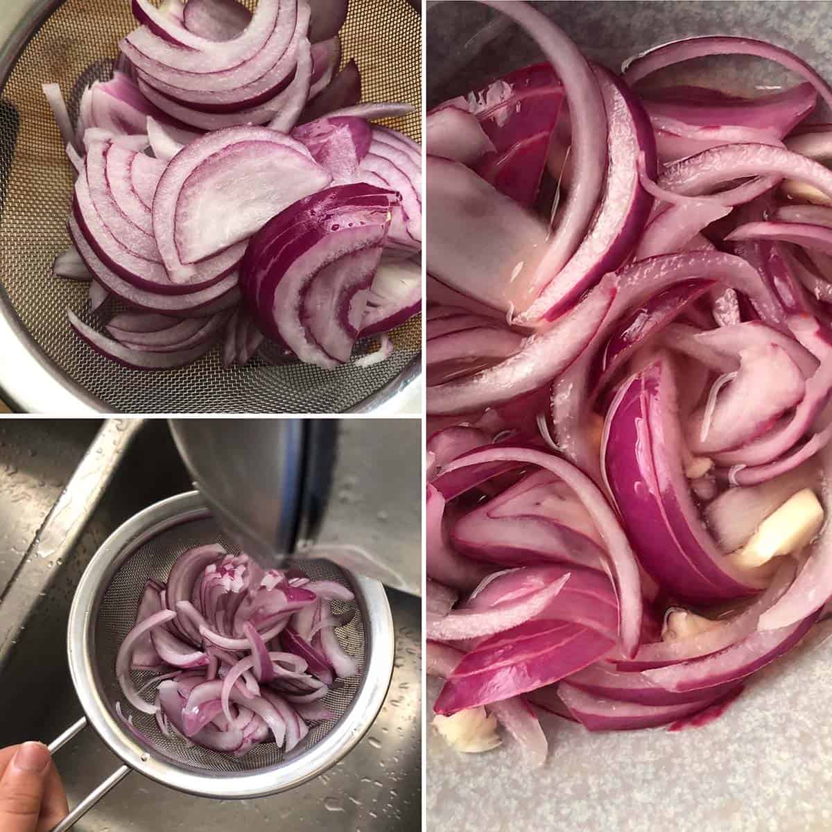 step by step photos showing pickling red onions