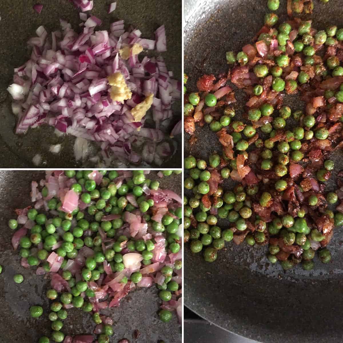 Sautéing red onions and green peas in a nonstick pan
