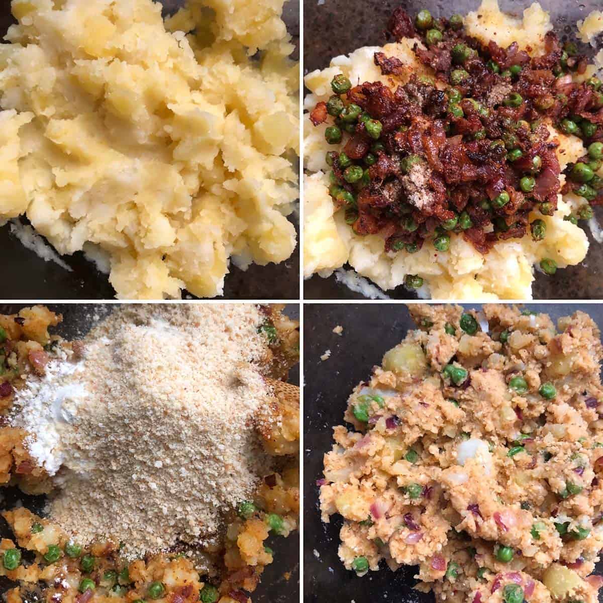 Adding mashed potatoes, bread crumbs to make potato patty mixture