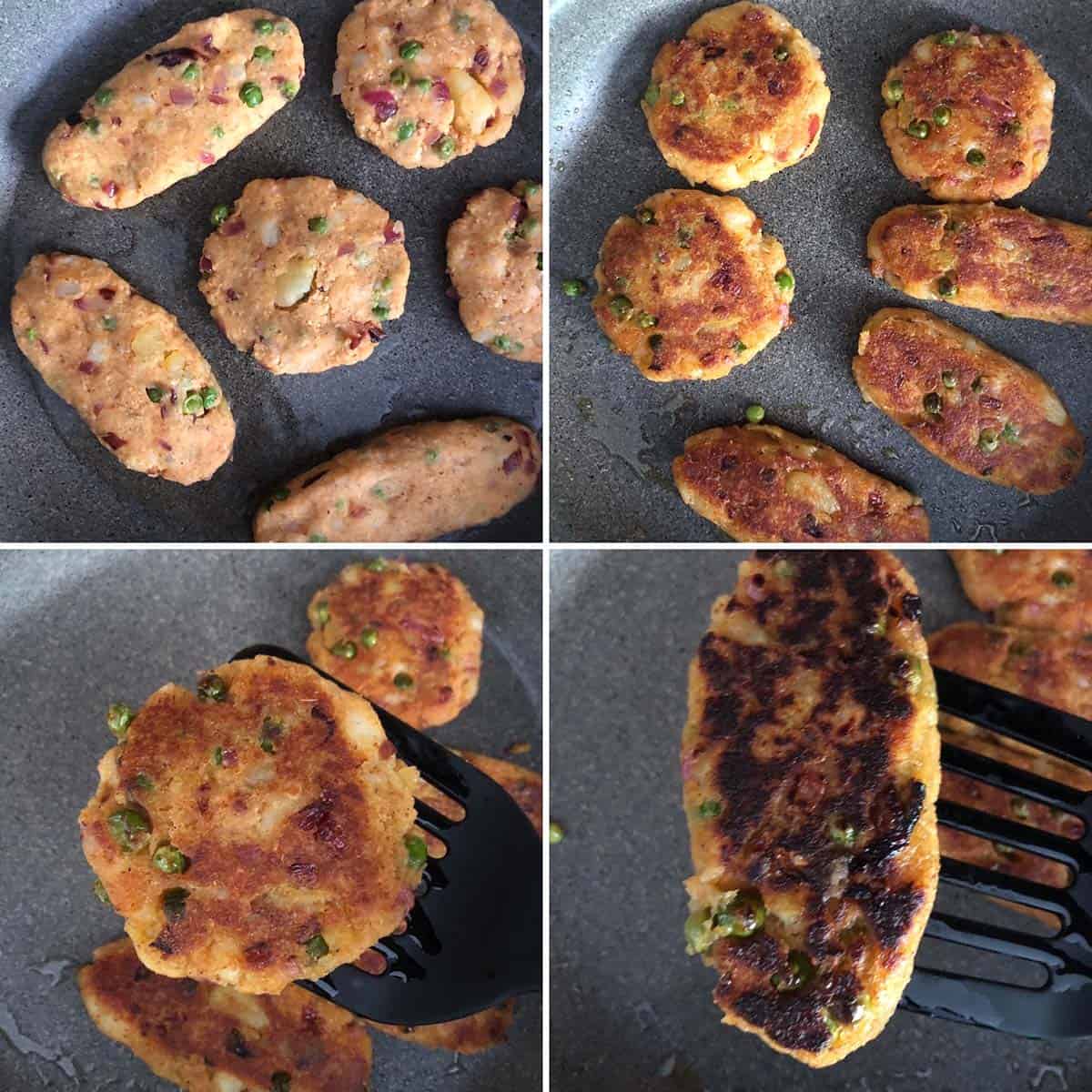 Pan frying potato patties until golden and crispy